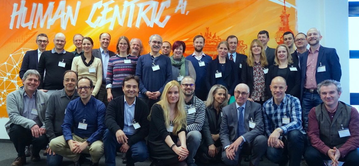 Kick-off meeting of the European Language Grid project at DFKI Berlin (22/23 January, 2019). Front row (from left to right): Ulrich German (UEDIN), Stelios Piperidis (ILSP), Jose Manuel Gomez-Perez (ESI), Andres Garcia (ESI), Stefanie Hegele (DFKI), Julian Moreno Schneider (DFKI), Katja Prinz (SAIL), Khalid Choukri (ELDA), Gerhard Backfried (SAIL), Alexandru Ceausu (EU). Back row (from left to right): Georg Rehm (DFKI), Severin Stampler (SAIL), Ian Roberts (UEDIN), Maria Moritz (DFKI), Christoph Prinz (SAIL), Ela Elsholz (DFKI), Thierry Declerck (DFKI), Josef van Genabith (DFKI), Dimitris Galanis (ILSP), Penny Labropoulou (ILSP), Lukas Kacena (CUNI), Jana Hamrlova (CUNI), Jan Hajic (CUNI), Katrin Marheinecke (DFKI), Andrejs Vasiļjevs (TILDE), Julija Melnika (TILDE), Ondrej Klejch (UEDIN), Philippe Gelin (EU), Florian Kintzel (DFKI).