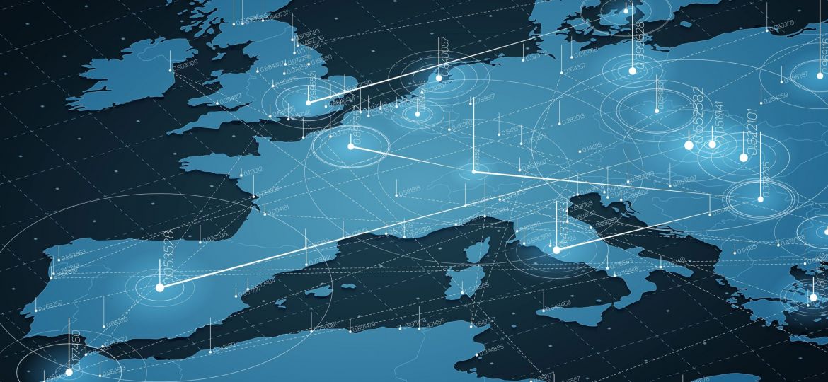 Europe blue map big data visualization. Futuristic map infographic. Information aesthetics. Visual data complexity. Complex europe data graphic visualization. Abstract data on map graph.